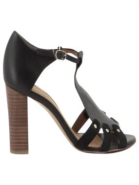 Sezane Black Leather Block Heel T-strap Sandals Black 8.5-9